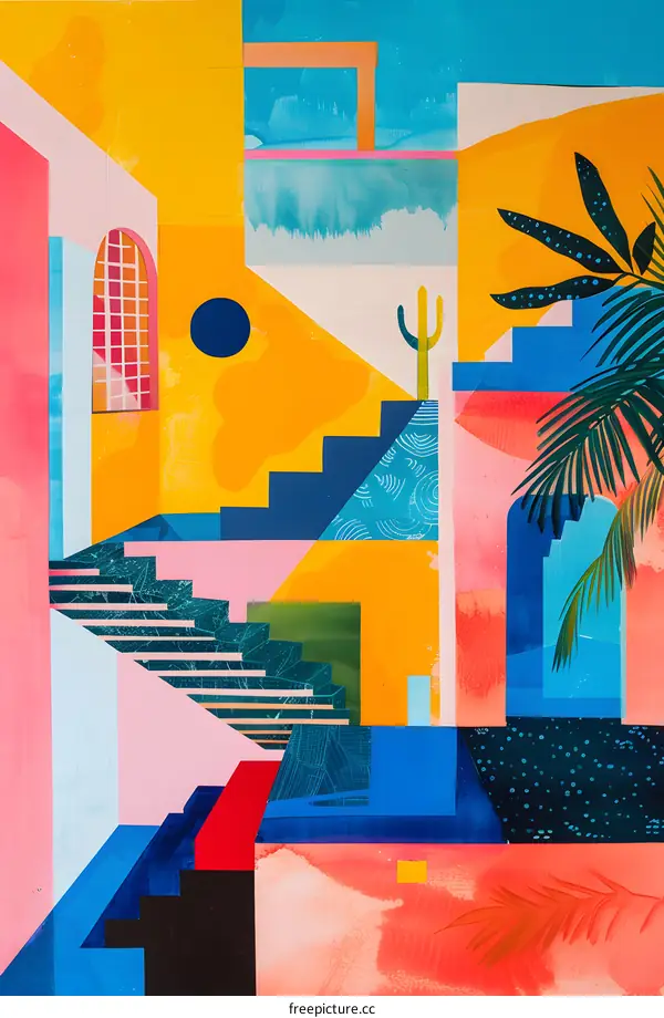 Abstract Collage Illustration with Geometric Shapes and Bright Colors