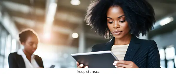 African American Businesswoman Using Tablet In Office