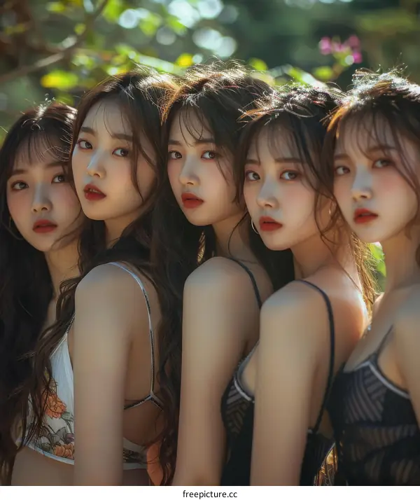 Five beautiful Asian women in swimsuits posing together