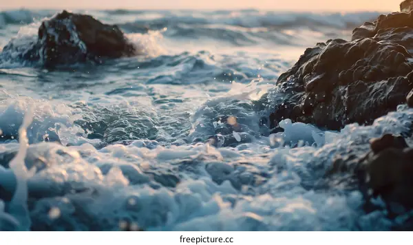 Close Up of Ocean Waves Crashing Against Rocks at Sunset