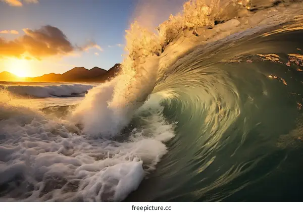 Huge wave crashing on beach at sunset