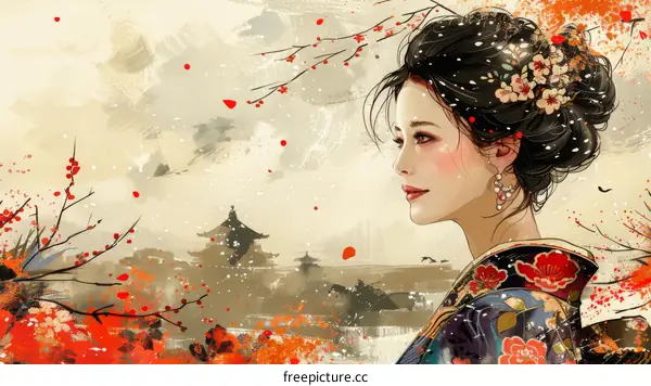 An illustration of a beautiful Asian woman in traditional Japanese clothing standing in a snowy landscape with a traditional Japanese house in the background.