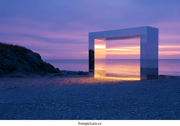 Reflective Sculpture On Beach At Sunset