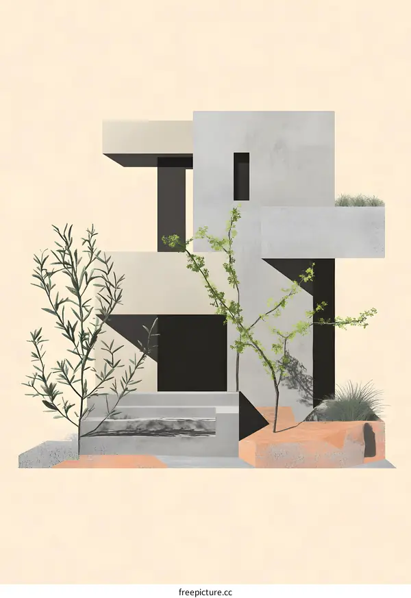 Modern Minimalist Concrete House Illustration With Plants