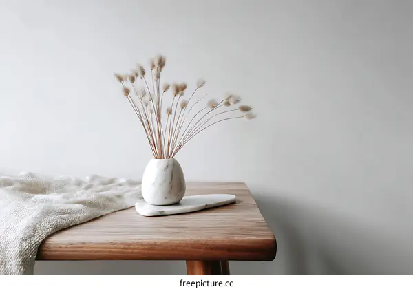 Minimalist Dried Flowers in Marble Vase on Wooden Table