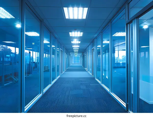 Modern Office Hallway with Glass Walls and Blue Carpet