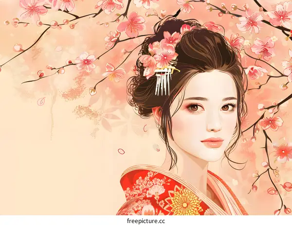 A beautiful Japanese woman in a kimono with cherry blossoms in her hair