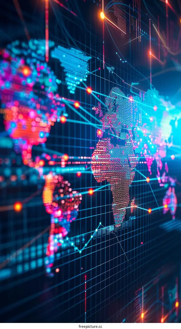 A digital representation of the world map with glowing dots and lines.