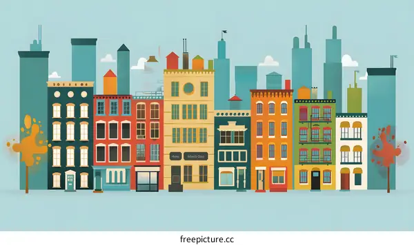 Colorful Cityscape with Buildings and Trees Illustration