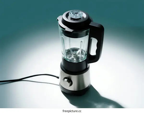 A modern electric blender with glass jar and black lid