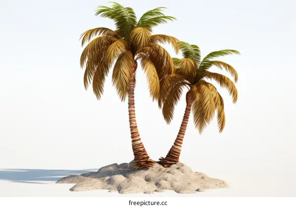 Two palm trees on a small sandy island