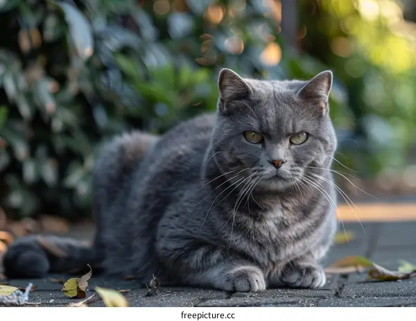 A gray cat is sitting on the ground in front of a bush