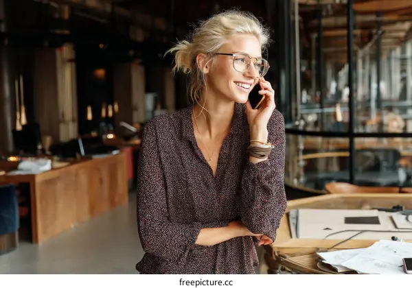 Blonde Woman Talking on Phone in a Trendy Coffee Shop