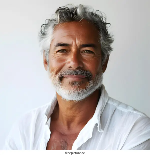 Portrait of a Smiling Senior Man with Grey Hair and a Beard