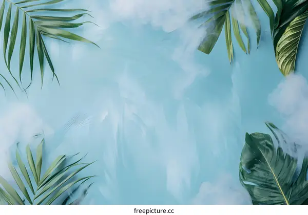 Tropical Leaves Background with Blue Sky and Clouds