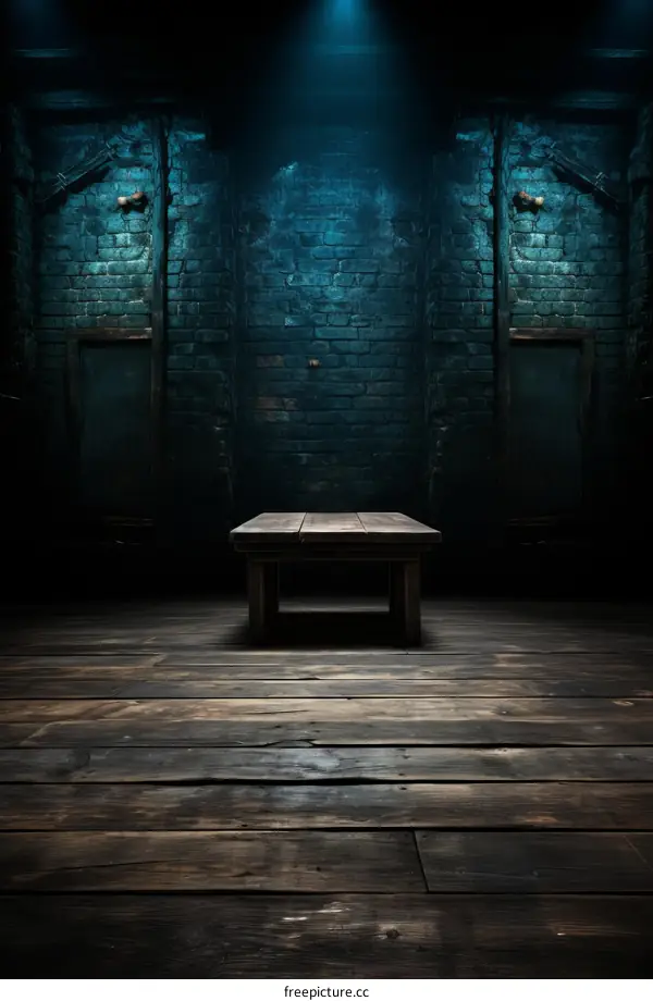 Dark and Empty Room with Wooden Table and Two Doors