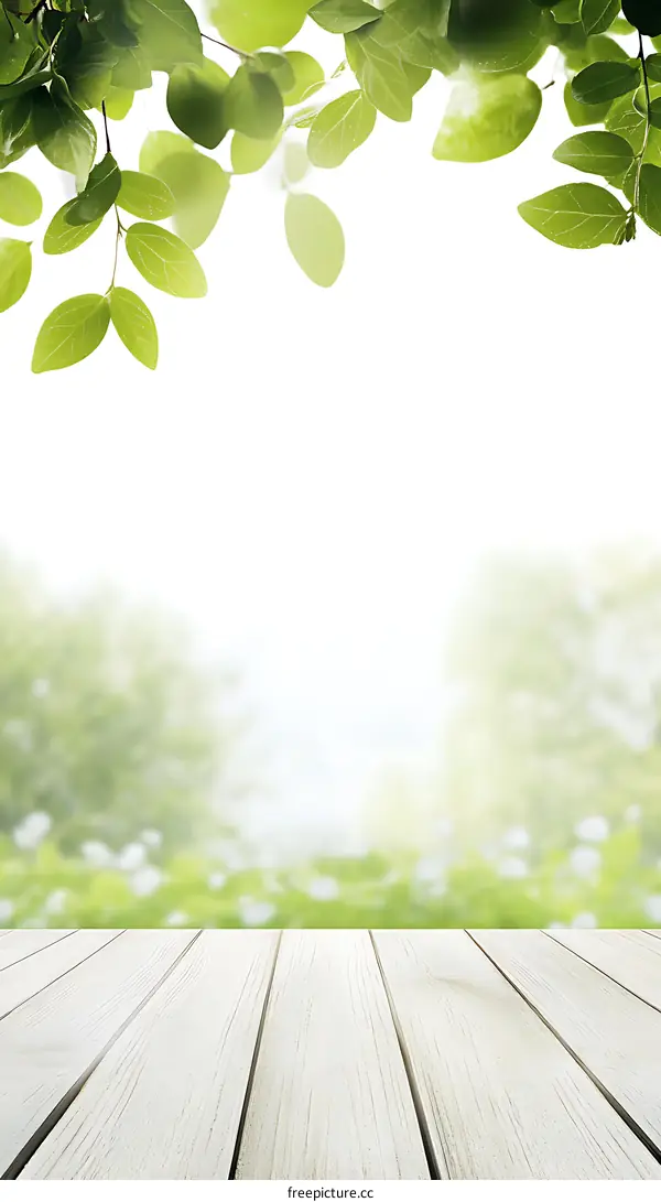 Green Leaf Branch Over White Wooden Plank Background with Blurred Background