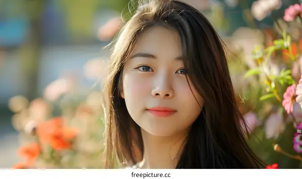 Portrait of a Young Asian Woman with Flowers in the Background