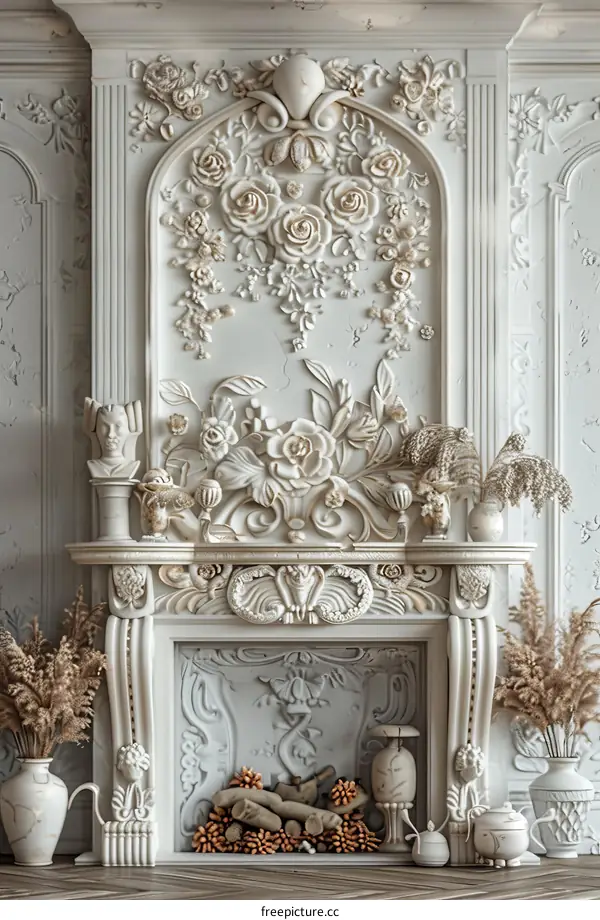 Elegant White Fireplace with Floral Relief