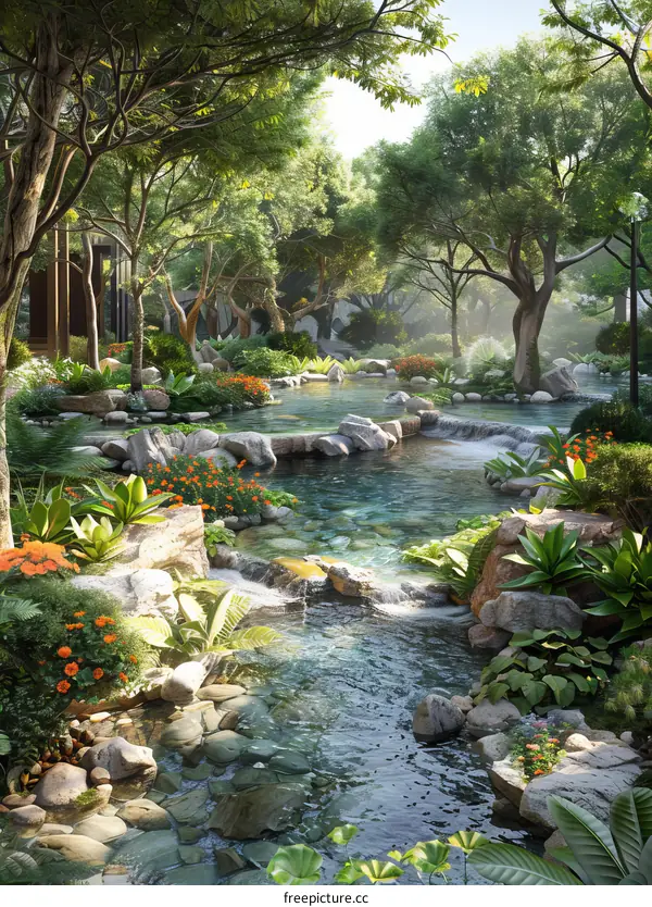 Peaceful Garden Stream Scene Illustration