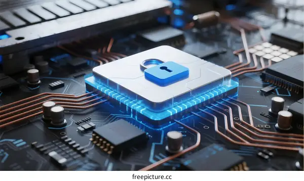 Circuit Board with Security Lock Icon and Microchip