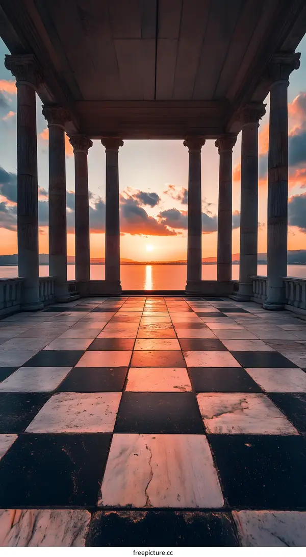 Checkerboard Floor Under Columns With Sunset View
