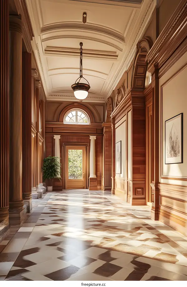 Classic Interior Design of a Long Hall with Wooden Paneling