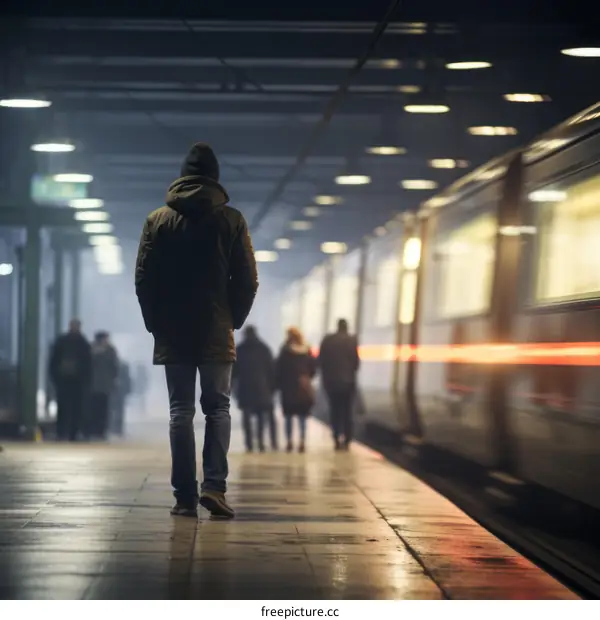 Man in a train station at night with blurred people walking by