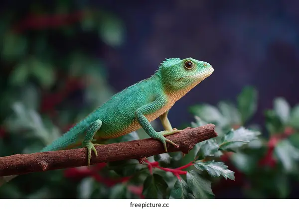 Close-up of a vibrant green lizard on a branch