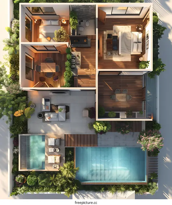 Top View Floor Plan of a Modern Home with a Swimming Pool