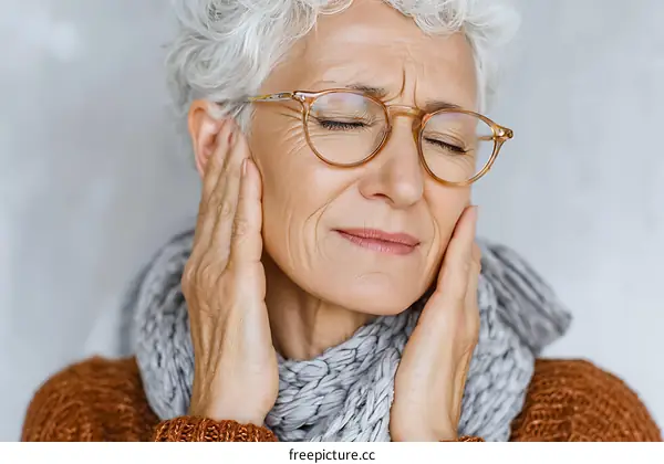 Close-up of a Senior Woman Suffering from Ear Pain