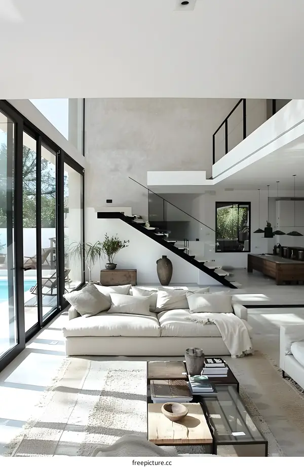 Modern Minimalist Living Room with Large Windows and Staircase