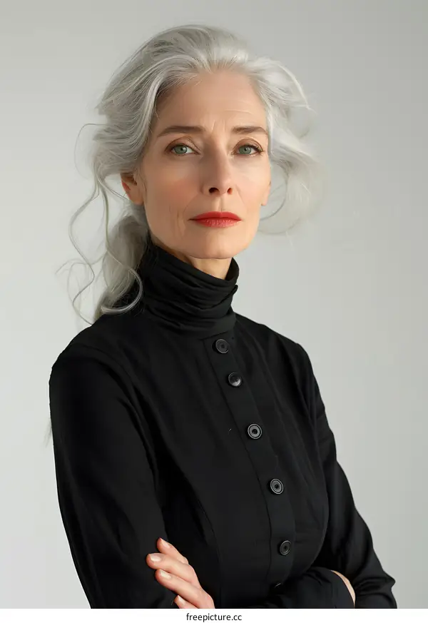portrait of an elderly woman with gray hair and red lipstick
