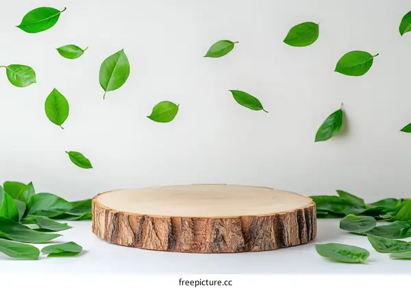 Natural Wood Slice Display with Falling Leaves
