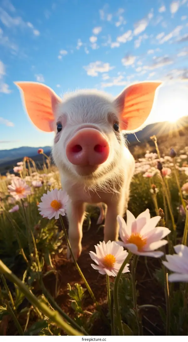 A cute piglet standing in a field of flowers