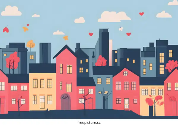 Cute Cartoon Cityscape With Red Hearts