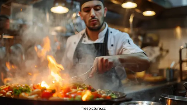 Stir-frying vegetables over a high flame in a large pan