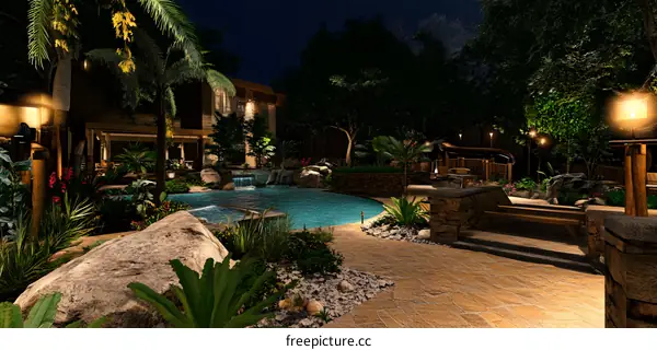 Tropical Backyard Oasis with Pool and Waterfall at Night