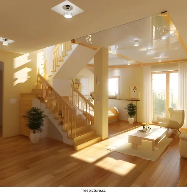 Modern House Interior Design With Wooden Stairs And  Living Room