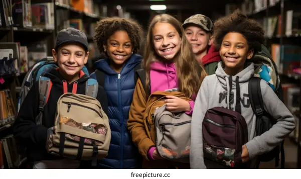 Portrait of a group of diverse children smiling and wearing backpacks in a library
