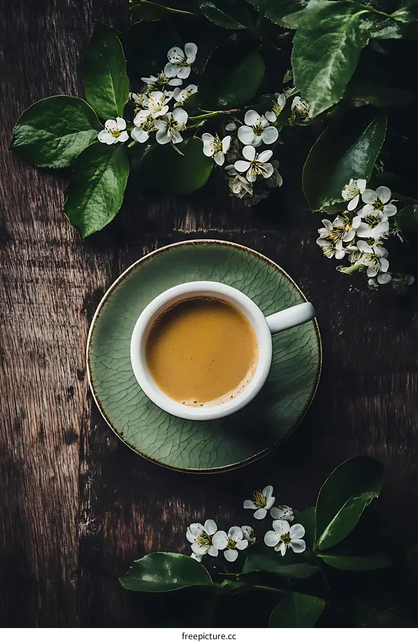 Coffee Cup on Wooden Table with White Flowers