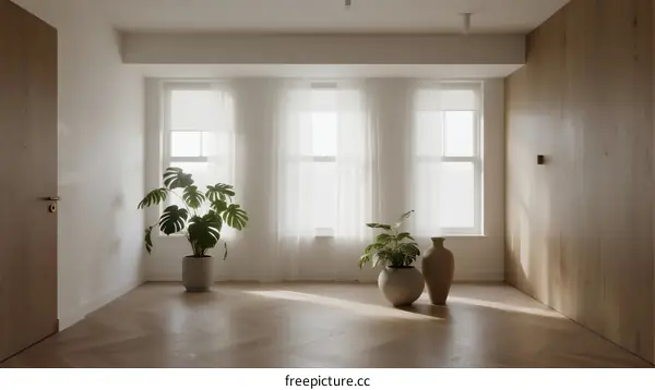 Bright and airy room with large windows and indoor plants