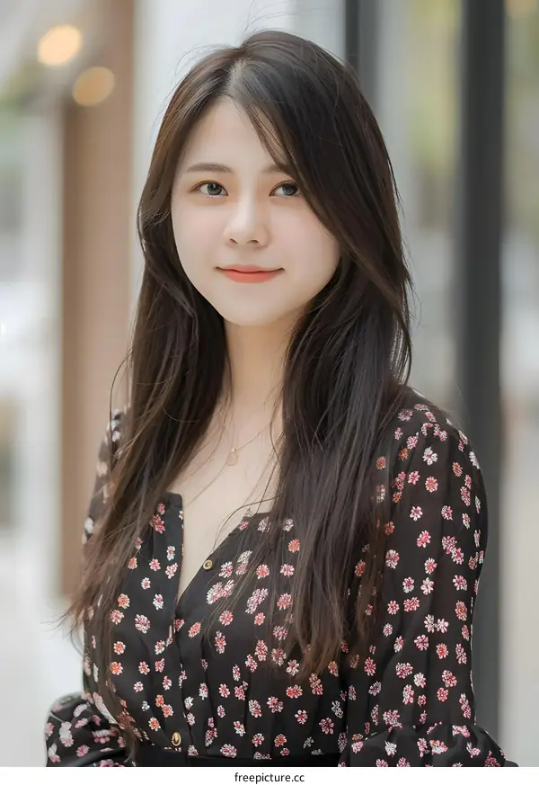 Portrait of a Young Asian Woman with Long Black Hair Wearing a Floral Dress