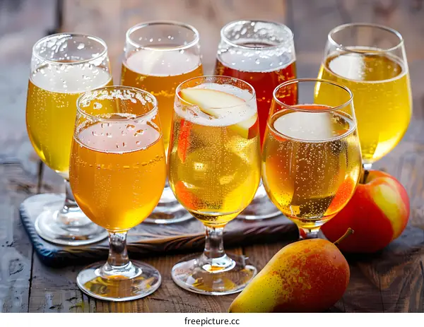 Apple Cider Tasting with Pears and Apples on Wooden Table