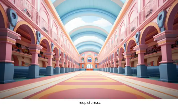 A long pink and blue arcade with a blue cloudy skylight
