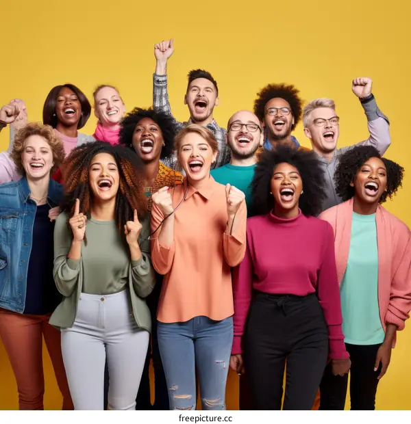 Group of diverse people cheering and celebrating together