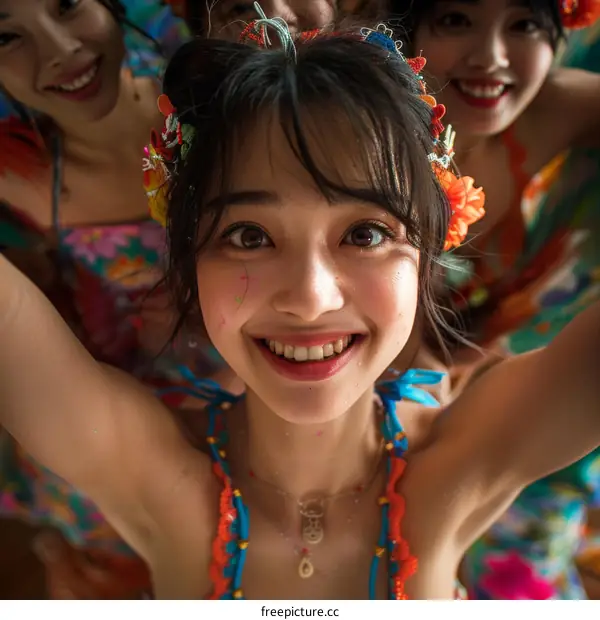 Portrait of a young Asian woman smiling with her friends in the background