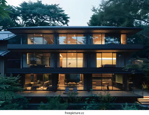 Modern Japanese House With Large Windows and a Wooden Deck
