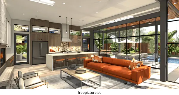 An open concept living space with vaulted ceilings and large windows