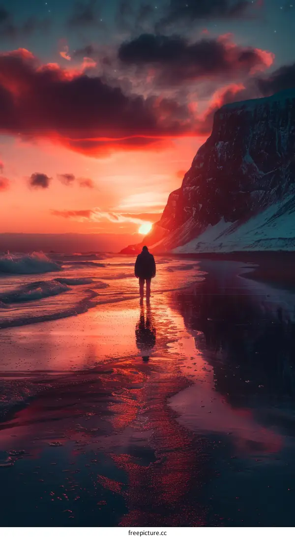 Man standing alone on beach at sunset